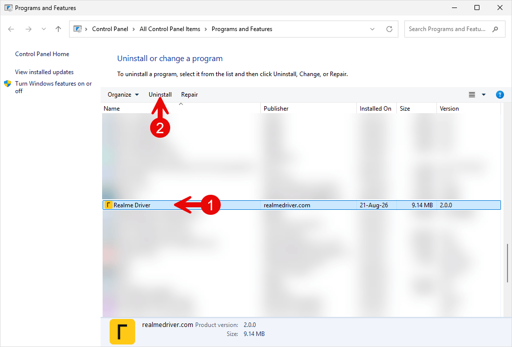 Select Realme Driver Uninstall